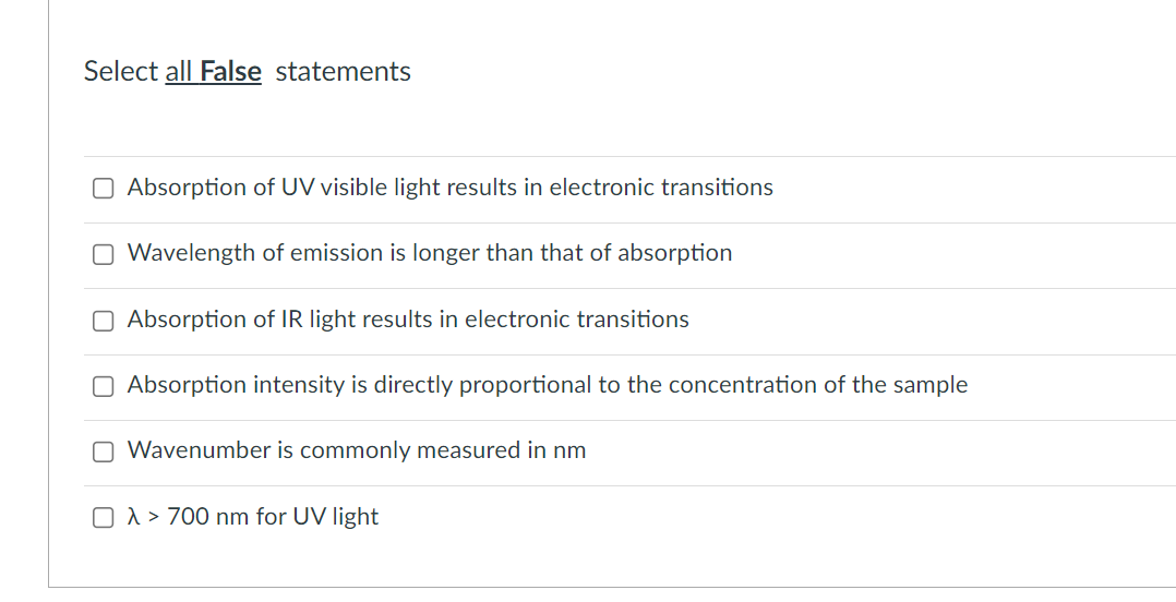 Please help me with the question. Select all False statements Absorption of