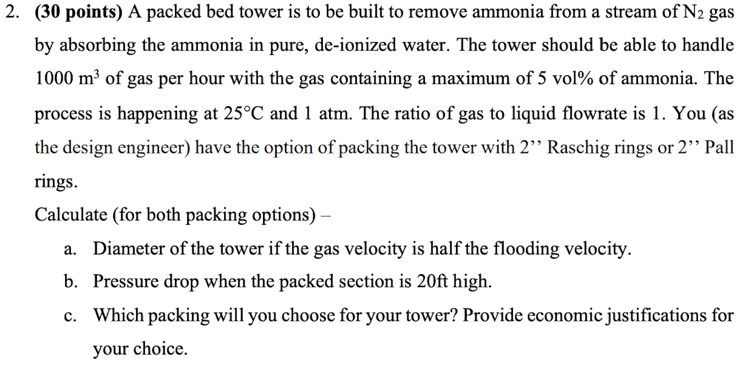 2. (30 points) A packed bed tower is to be built