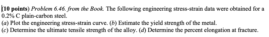 (10 points) Problem 6.46. from the Book. The following engineering stress-strain