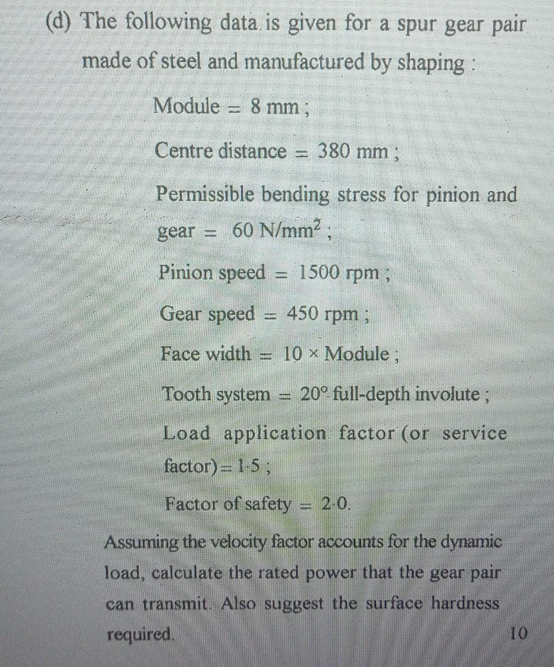 machine design ,spur gear following data is given for a spur