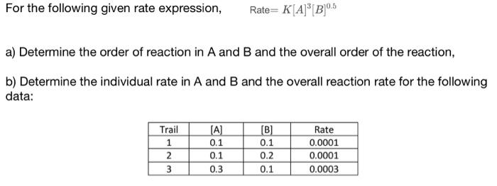  For the following given rate expression, Rate =K[A]3[B]0.5 a) Determine the