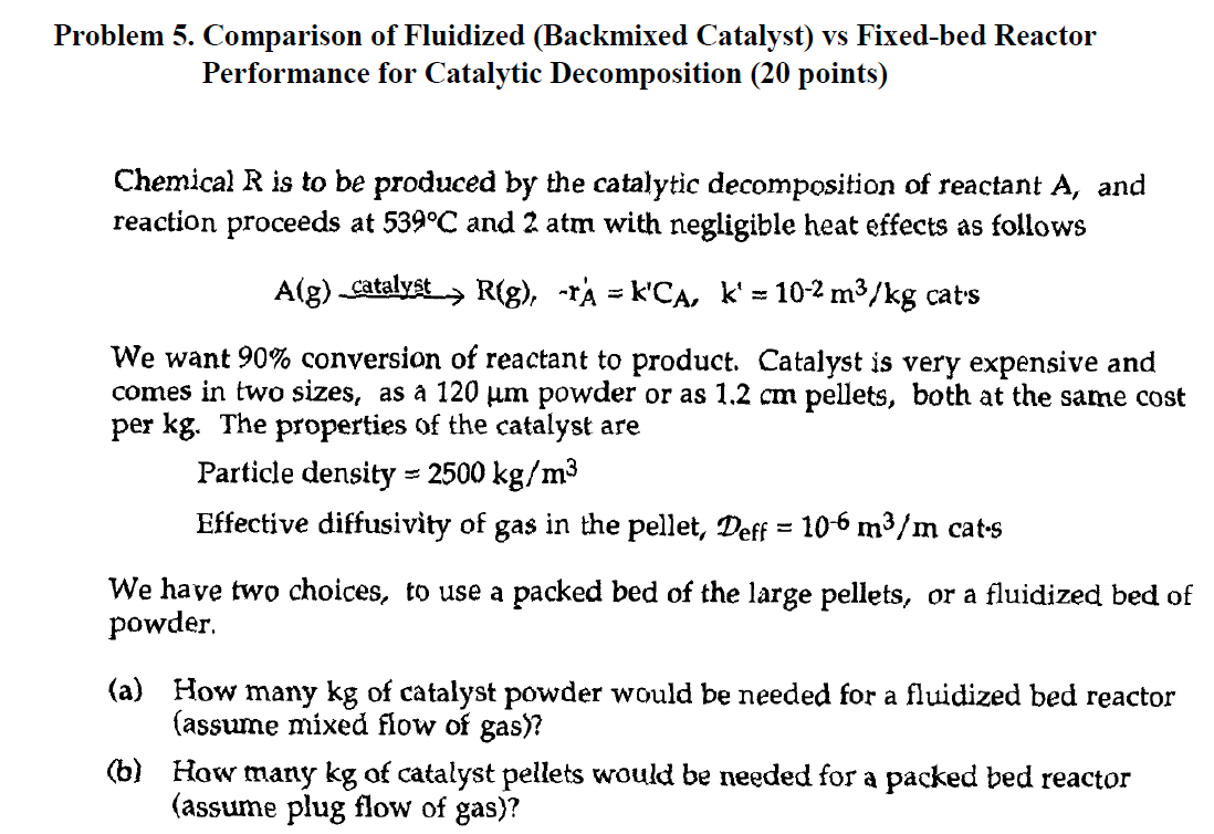 Problem 5. Comparison of Fluidized (Backmixed Catalyst) vs Fixed-bed Reactor Performance