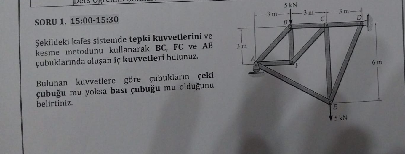  SORU 1.15:00-15:30 ekildeki kafes sistemde tepki kuvvetlerini ve kesme metodunu kullanarak