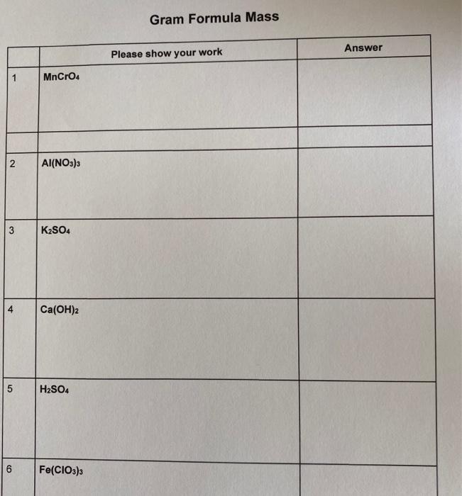  Gram Formula Mass Answer Please show your work MnCro4 N AI(NO3)3
