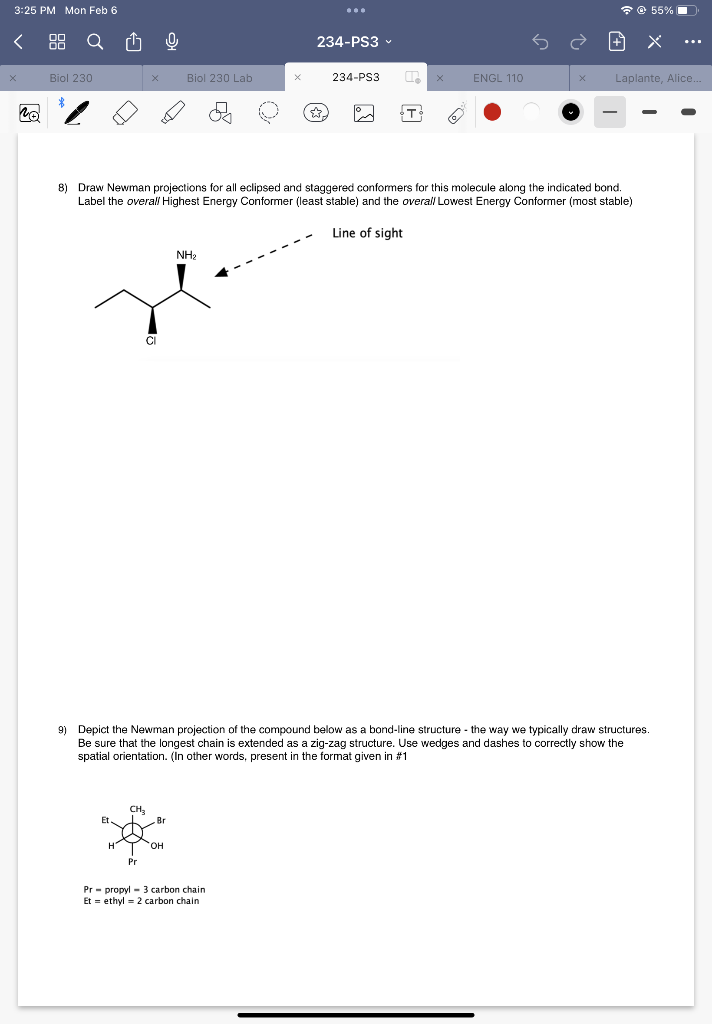 Please help me answer 8 and 9. 8) Draw Newman projections for