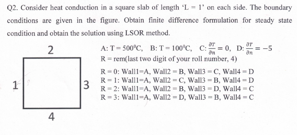  Q2. Consider heat conduction in a square slab of length 'L=1'