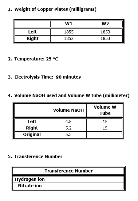Please help this experiment is about transference number given the following data.