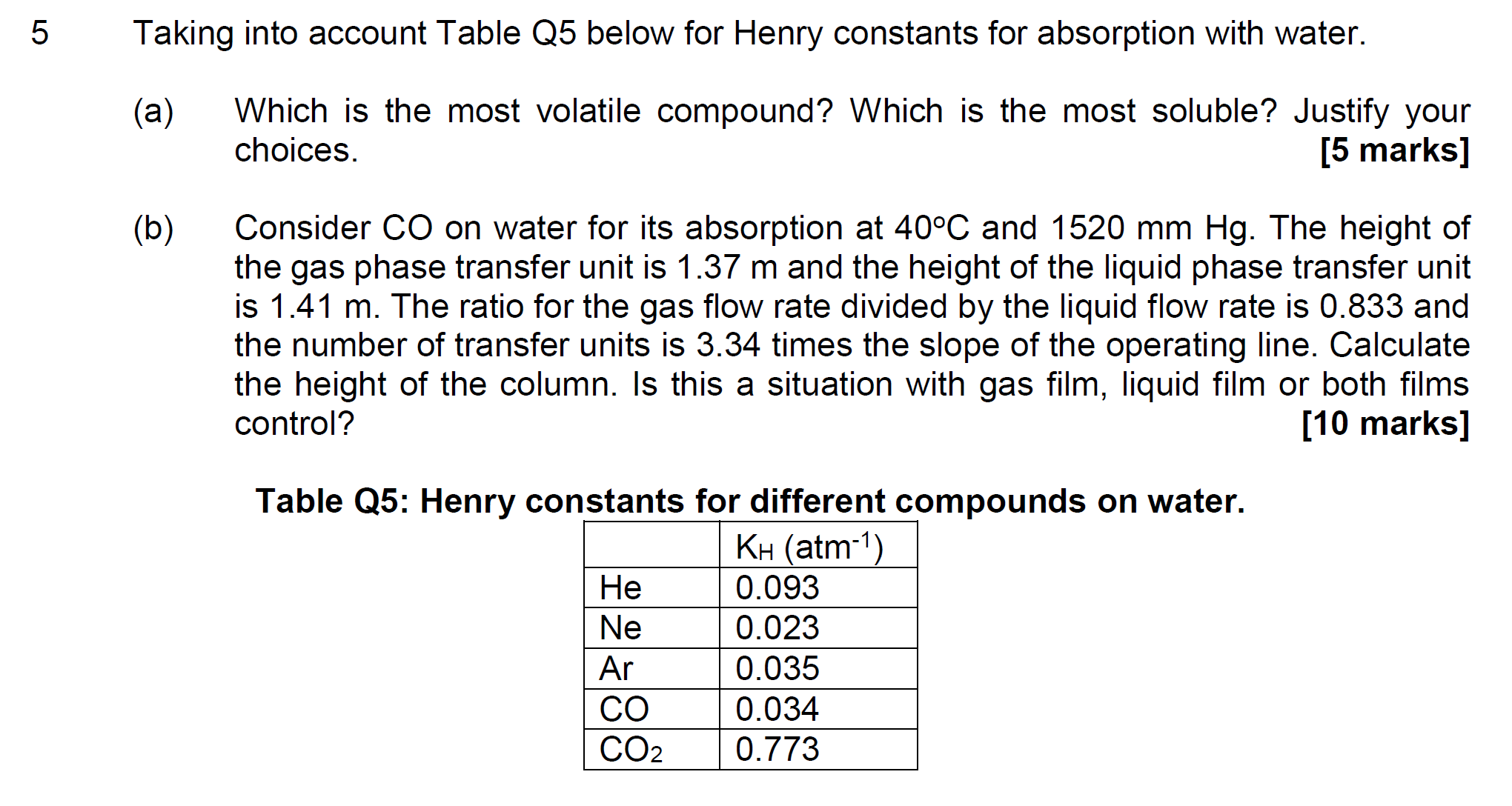  5 Taking into account Table Q5 below for Henry constants for