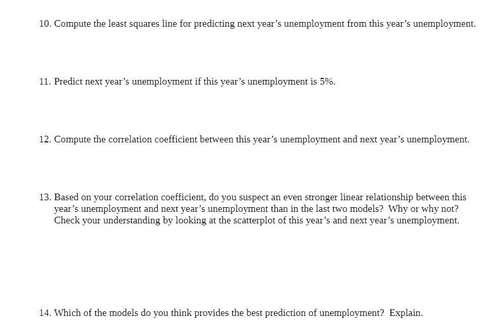  10. Compute the least squares line for predicting next year's unemployment