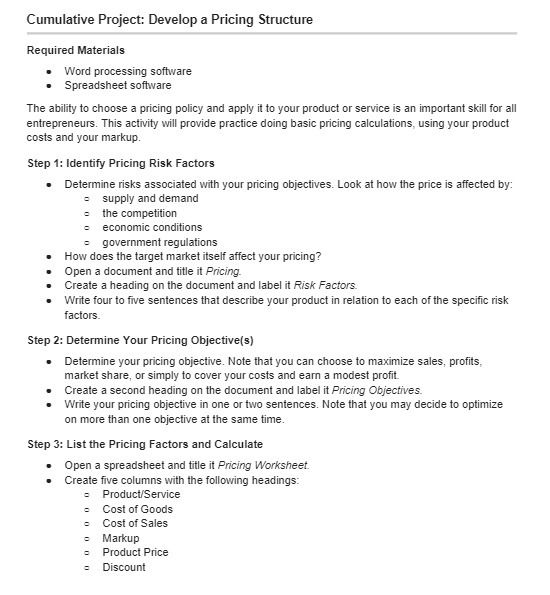  Cumulative Project: Develop a Pricing Structure Required Materials Word processing software
