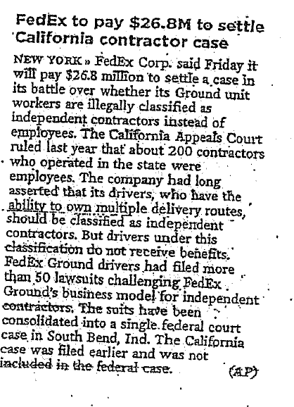 16. The articles titled "FedEx to pay $26.8M to settle California contractor
