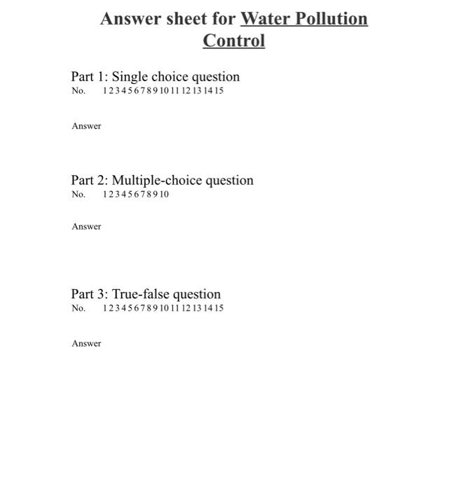  Answer sheet for Water Pollution Control Part 1: Single choice question