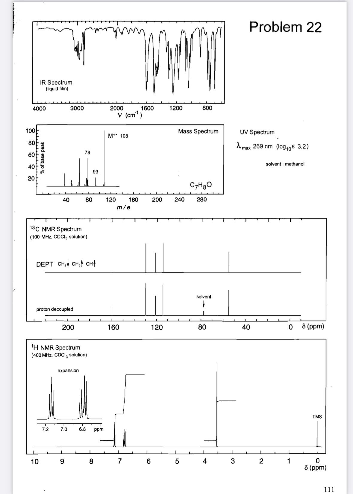  Problem 22 v|, UV Spectrum max269nm(log103.2) solvent : methanol 111 ?13C