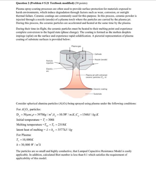  Question 2 (Problem \# 5.21 Textbook modified) (30 points) Plasma spray-coating