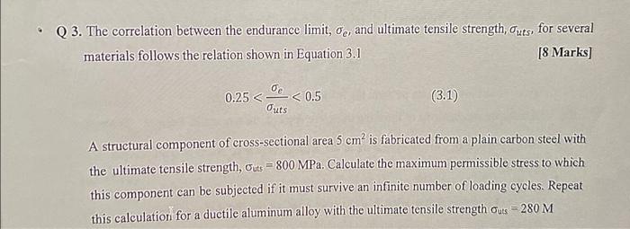  Q 3. The correlation between the endurance limit, ( sigma_{e} ),