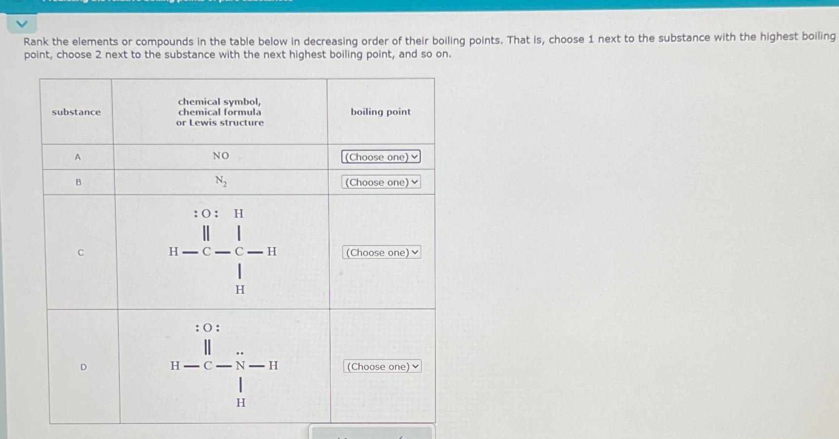  Rank the elements or compounds in the table below in decreasing