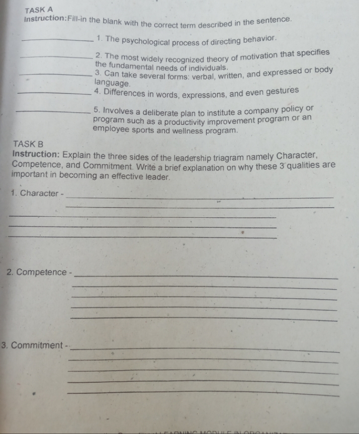 please help with explaination TASK A Instruction: Fill-in the blank with the