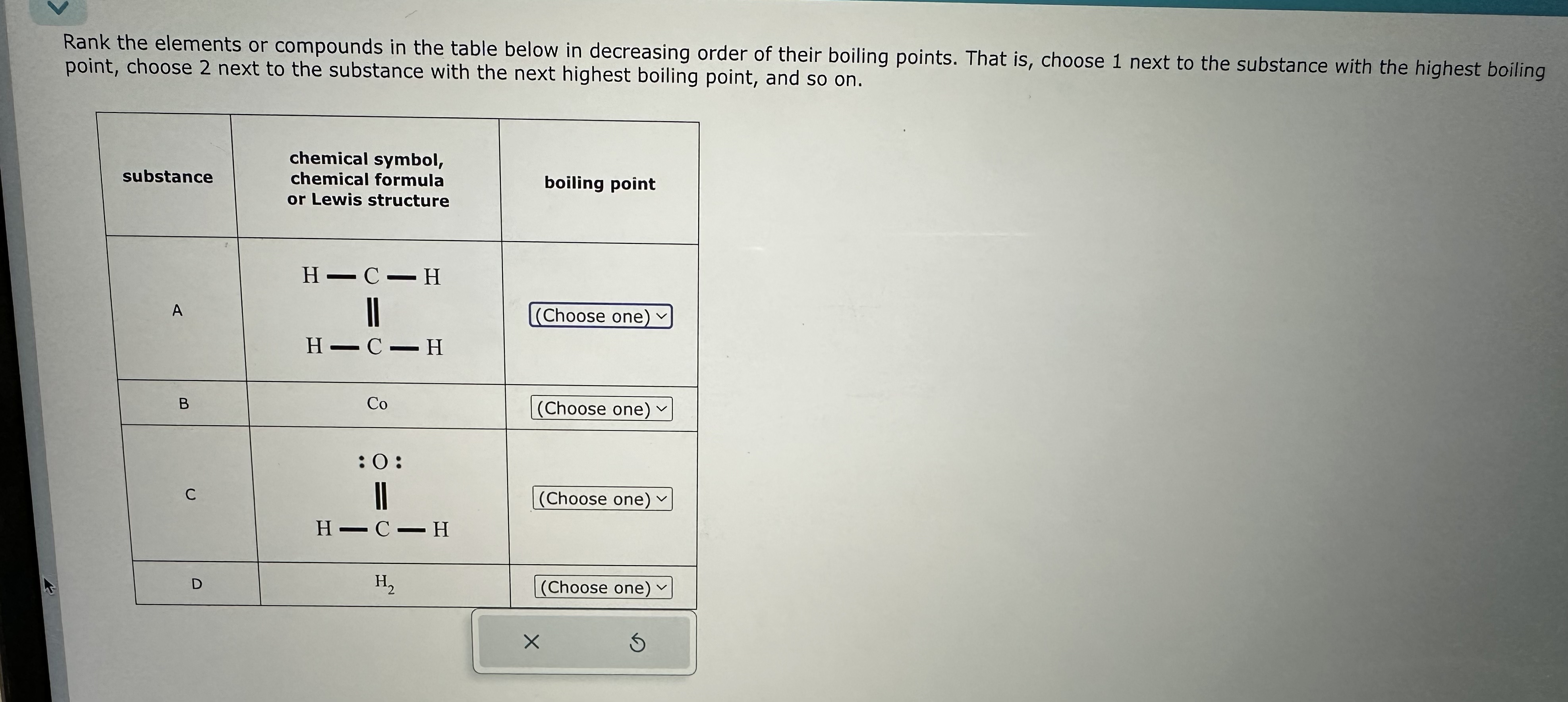 Rank the elements or compounds in the table below in decreasing