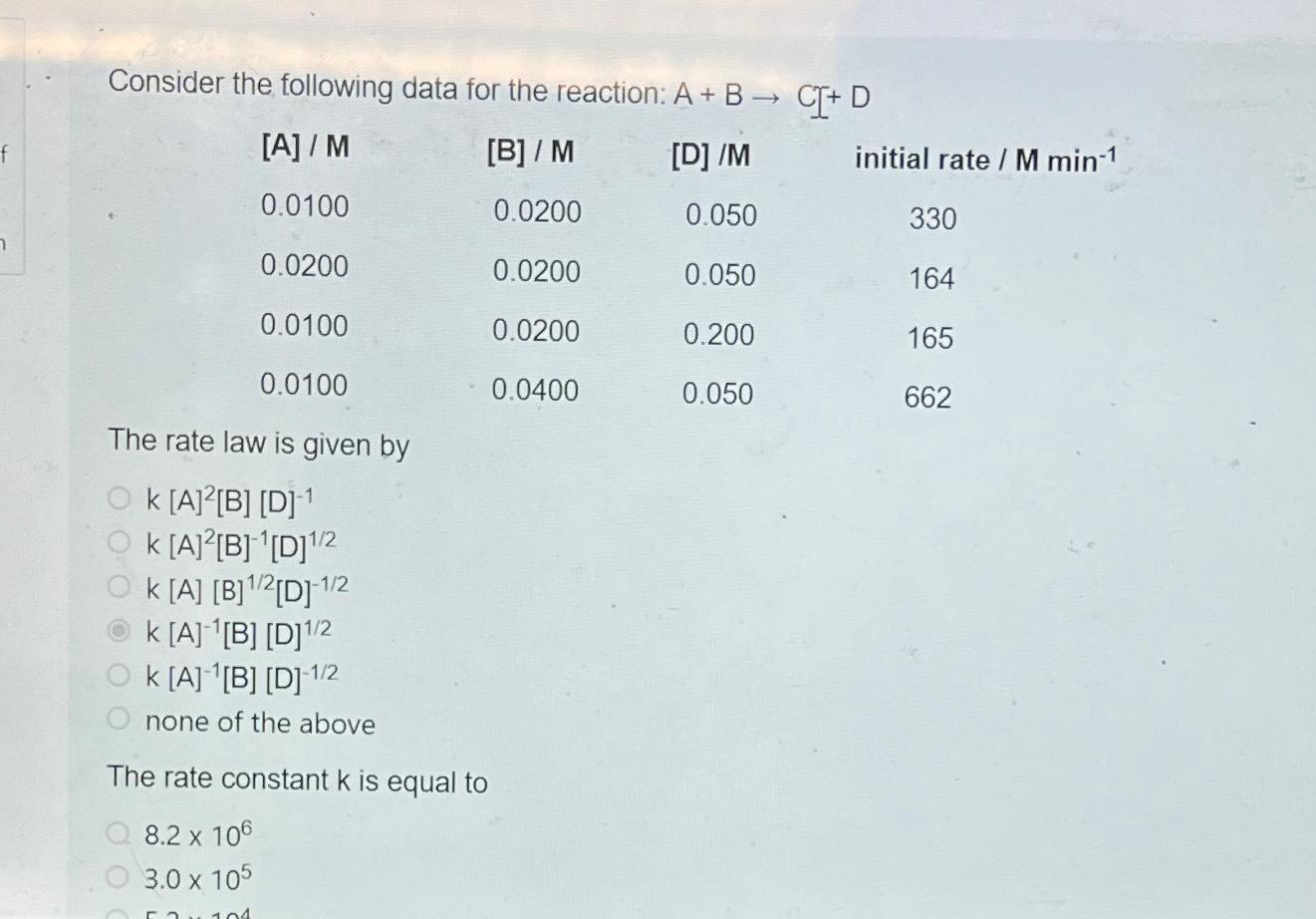  Consider the following data for the reaction: A+BC+D \table[[AM,BM,[D]/M,initial rate /Mmin-1