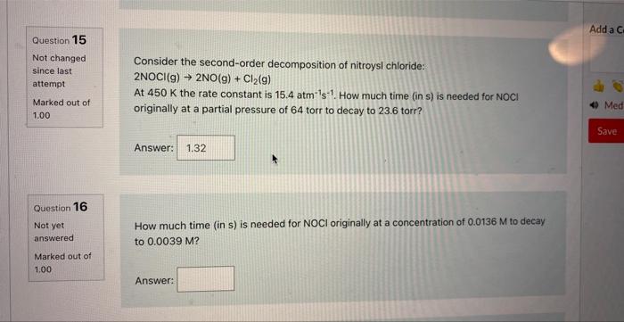 NOCl originally at a concentration of 0.0136M to decay to 0.0039M ?