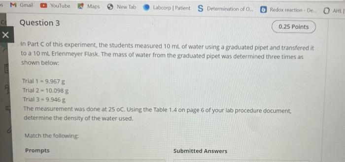 6 of your la procedure document, determine the density of the water