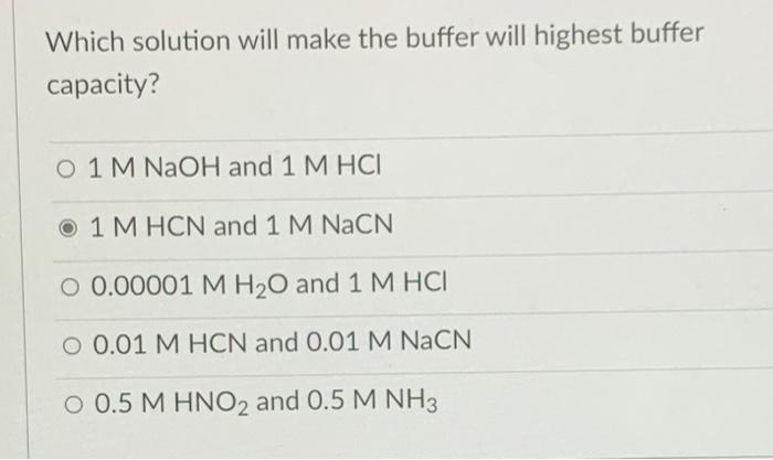  which solution will make the buffer will highest buffer capacity Which