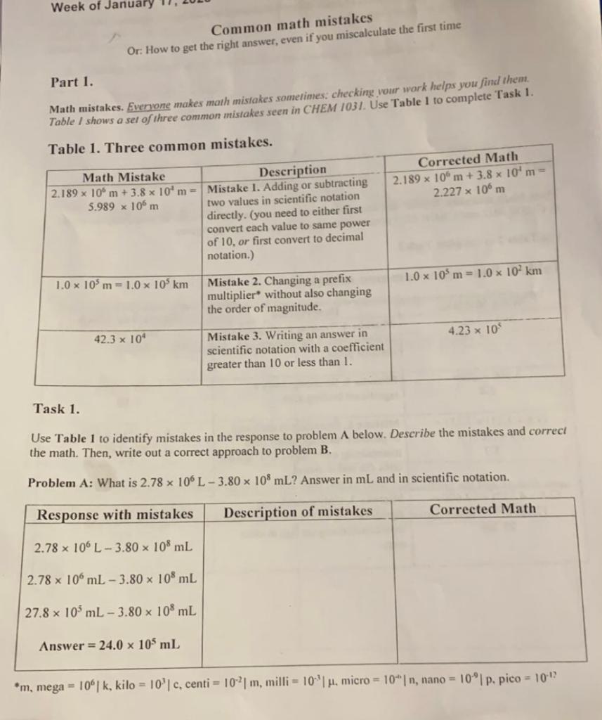 Part 1. Math mistakes. Everoone makes math mistakes sometimes: checking vour
