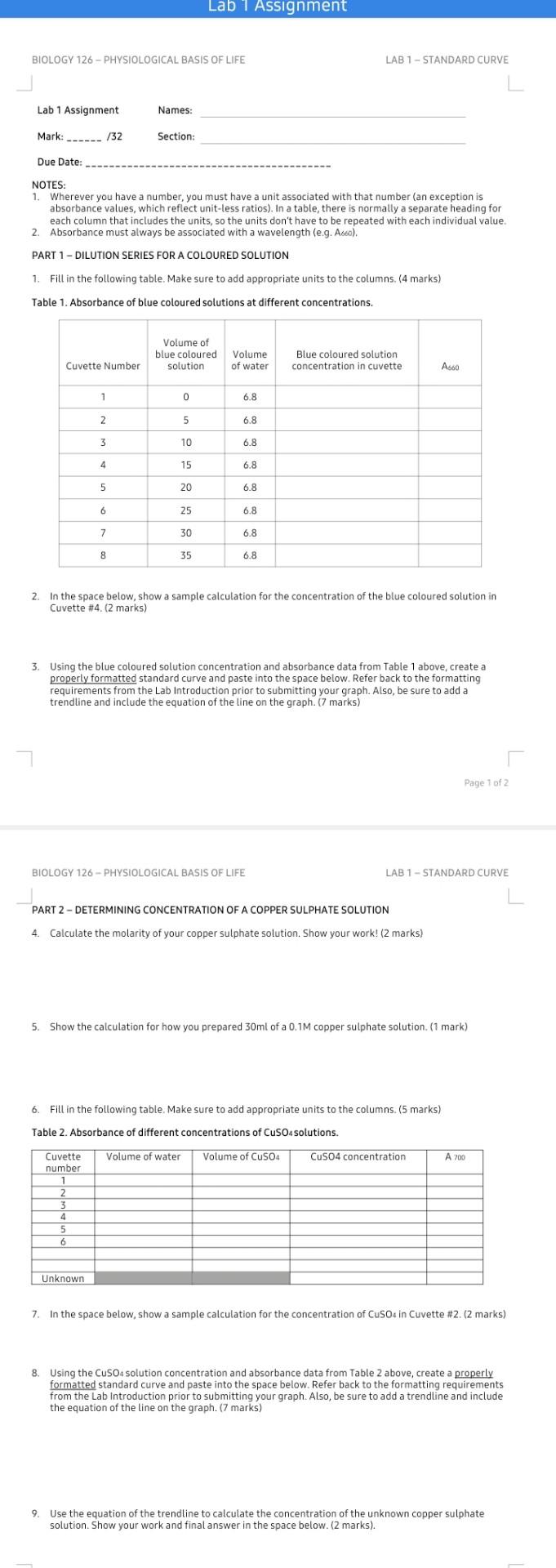  In the space below, show a sample calculation for the concentration