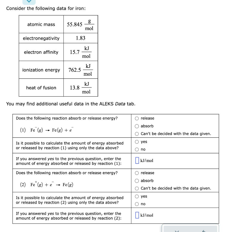 Consider the following data for iron: atomic mass electronegativity electron affinity ionization