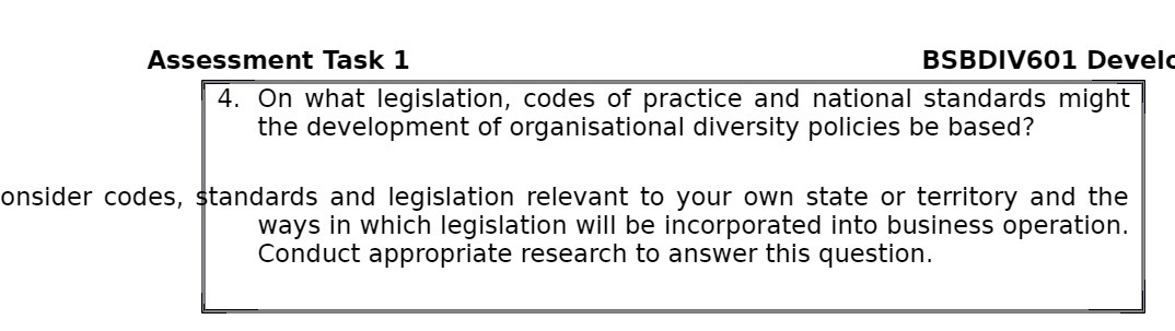  Assessment Task 1 BSBDIV601 Develc 4. On what legislation, codes of