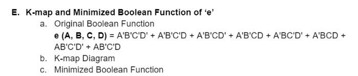  E. K-map and Minimized Boolean Function of 'e' a. Original Boolean