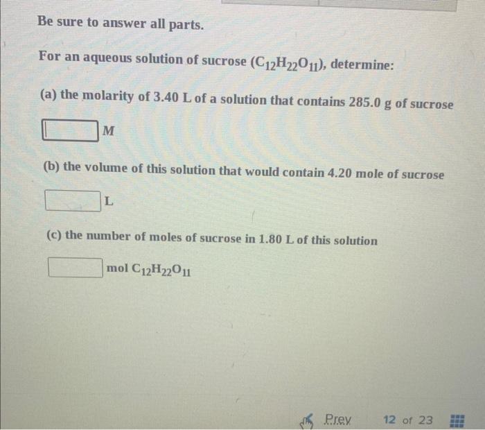  Be sure to answer all parts. For an aqueous solution of