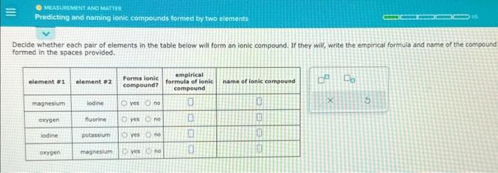  Decide whether each pair of elements in the table below will