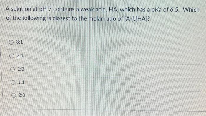  A solution at pH7 contains a weak acid, HA, which has