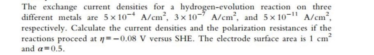 The exchange current densities for a hydrogen-evolution reaction on three different