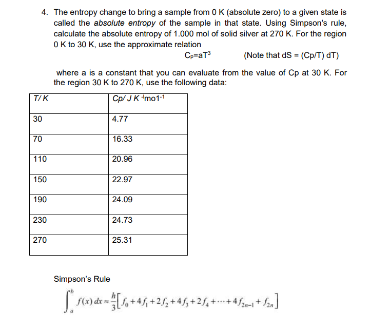  4. The entropy change to bring a sample from 0 K