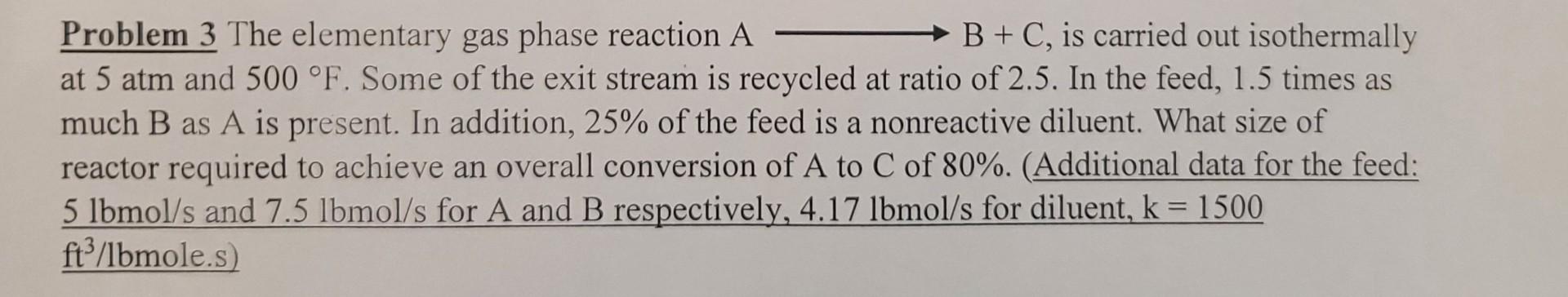  Problem 3 The elementary gas phase reaction A B + C,
