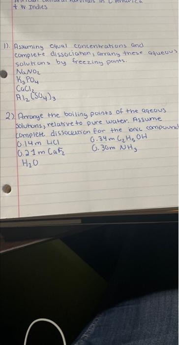  1). Assuming equal concentrations and complete dissociation, arrany these aqueuv? solutions