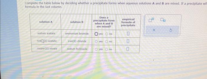  Complete the table below by deciding whether a precipitate forms when