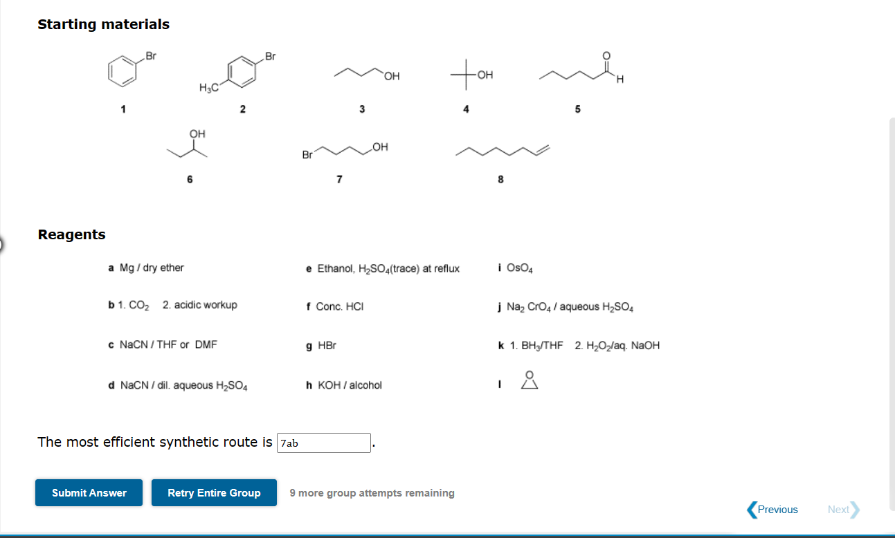 a starting material and reagents from the tables. Give your route by
