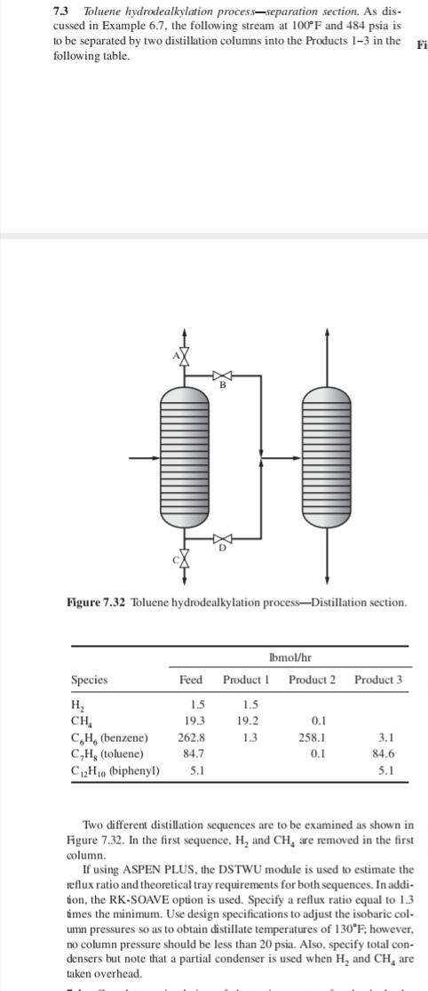 7.3 Toluene hydrodealkylation process-separation section. As dis. cussed in Example 6.7,