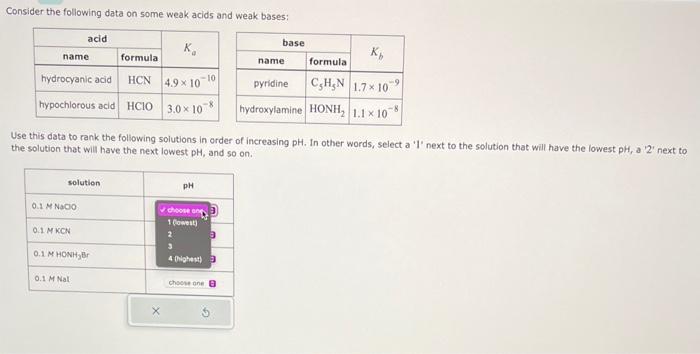  Consider the following data on some weak acids and weak bases: