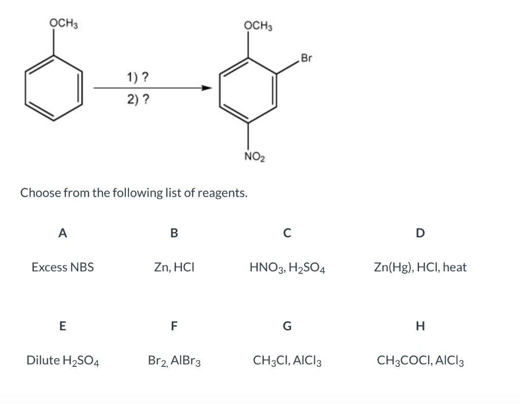 the following list of reagents: A B C D Excess NBS Zn,
