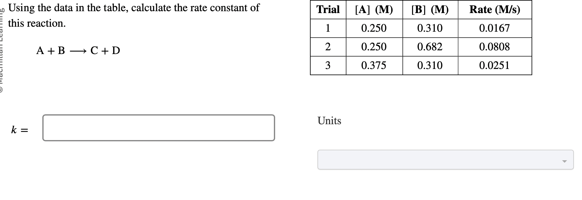  Using the data in the table, calculate the rate constant of