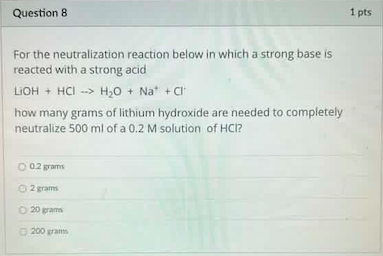 For the neutralization reaction below in which a strong base is