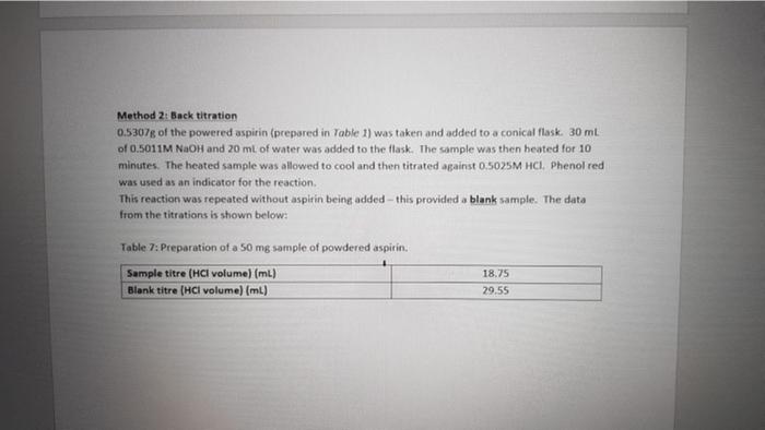  Answers in detail if possible please Method 2: Back titration 0.5307g