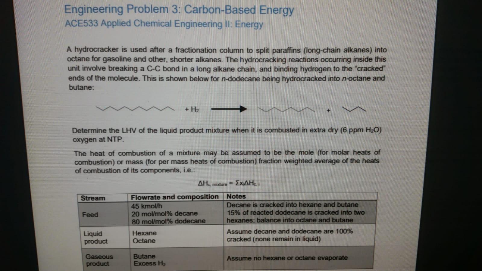  Engineering Problem 3: Carbon-Based Energy ACE533 Applied Chemical Engineering Il: Energy