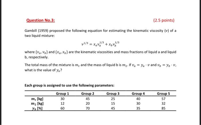 solve using group 1 parameters Question No.3: (2.5 points) Gambill (1959) proposed