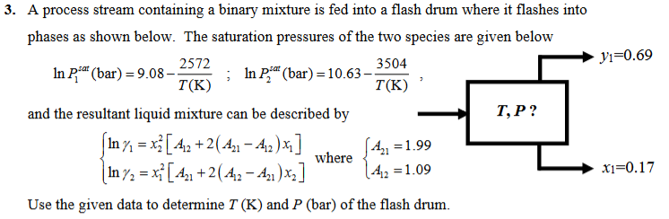  yu=0.69 3. A process stream containing a binary mixture is fed