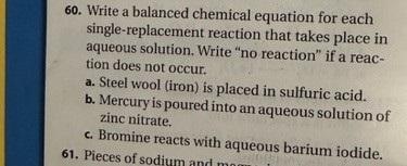 60. Write a balanced chemical equation for each single-replacement reaction that